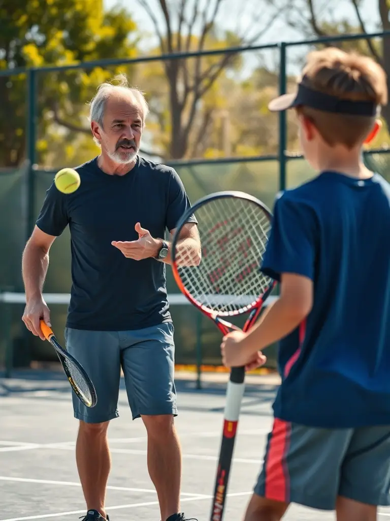 A focused image of a tennis coach providing personalized instruction to a player at TOC TENNIS OCEANIQUE COUARDAIS, highlighting the benefits of expert guidance.