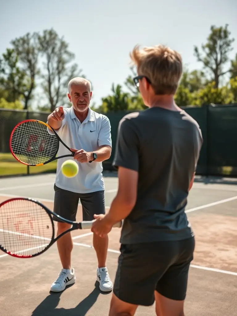 A photo of a private tennis lesson with a certified coach, demonstrating personalized instruction and technique refinement at TOC Tennis Océanique Couardaise.