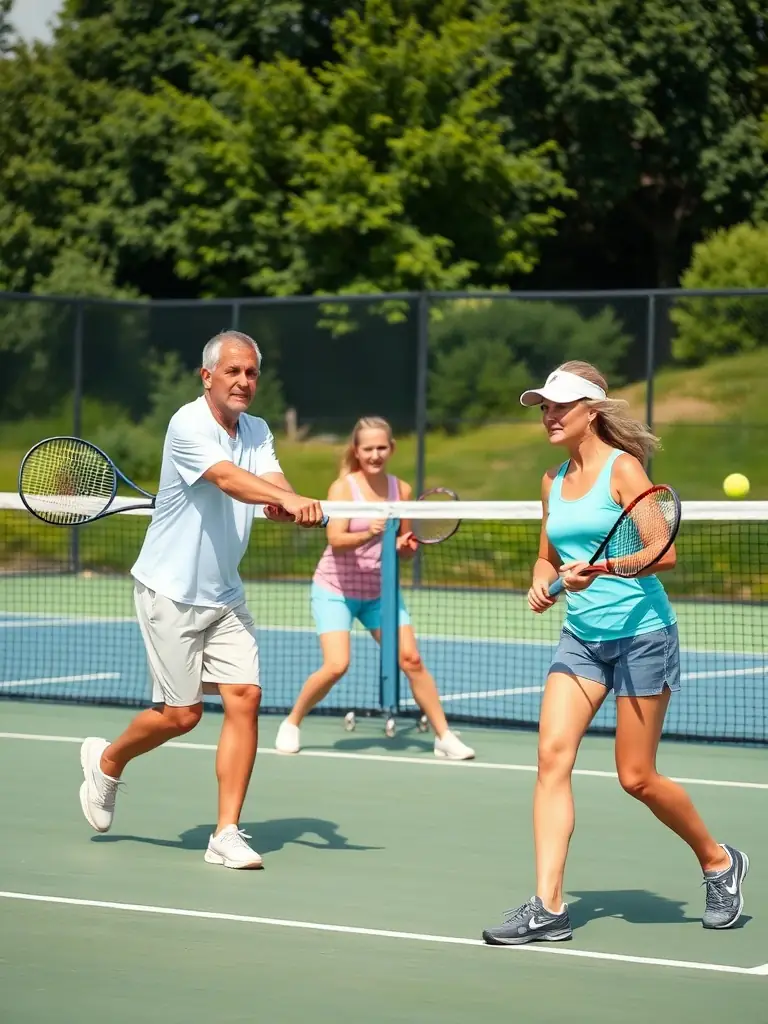 An action shot of adults engaged in a competitive doubles match during a club tournament at TOC Tennis Océanique Couardaise.