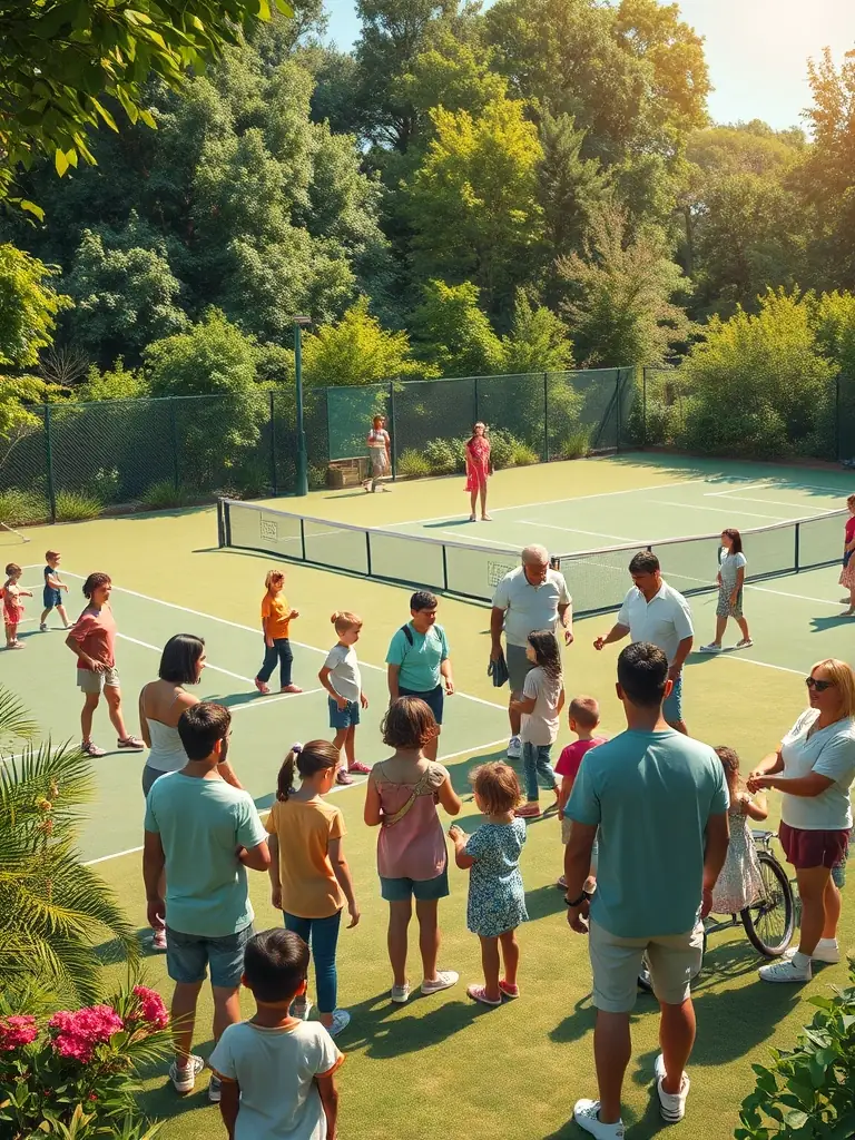 Image of diverse tennis players of all ages and skill levels participating in a friendly tournament at TOC TENNIS OCEANIQUE COUARDAIS, promoting inclusivity.