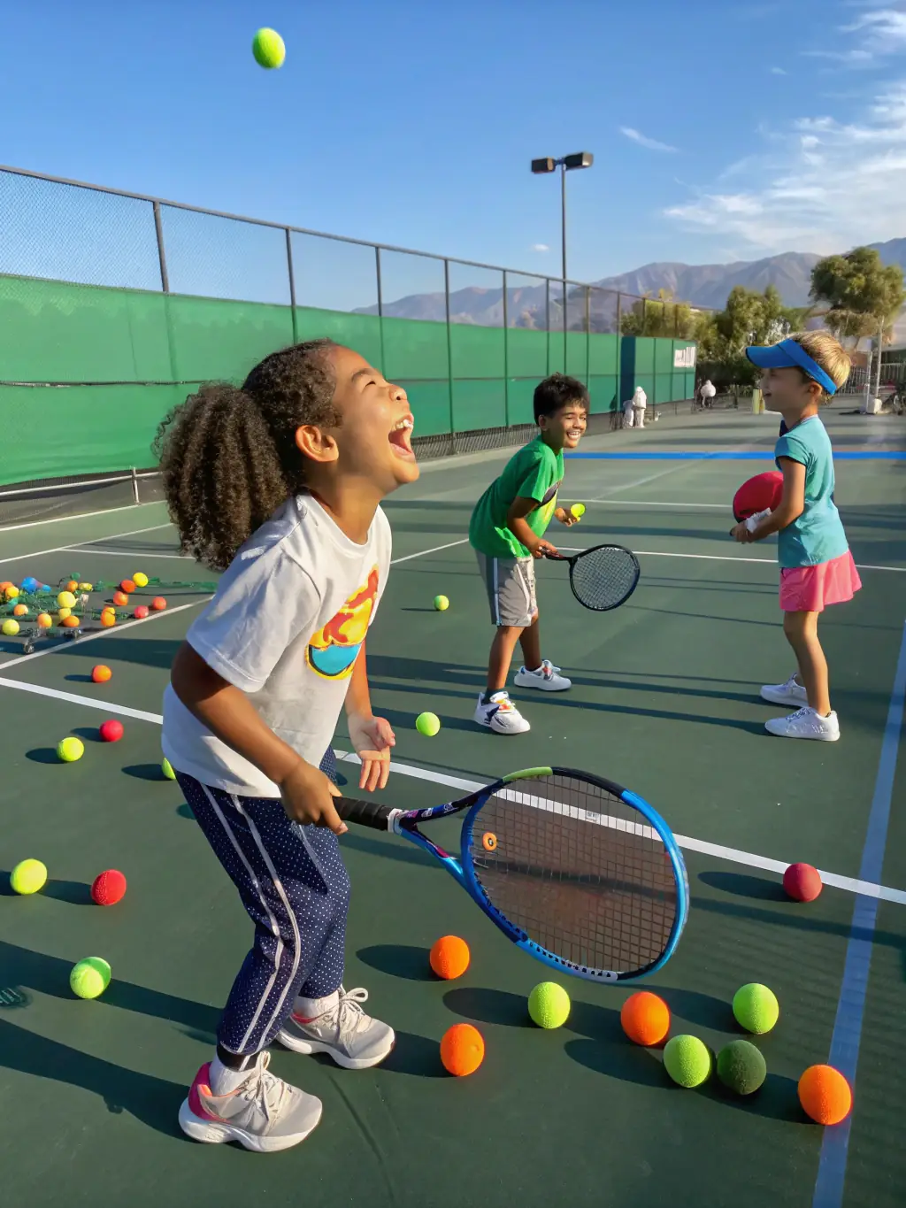 A vibrant image of children participating in a junior tennis clinic, focusing on fun drills and skill development at TOC Tennis Océanique Couardaise.