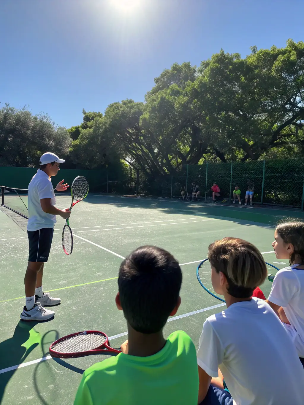 Action shot of tennis players participating in a group training session at TOC TENNIS OCEANIQUE COUARDAIS, showcasing teamwork and skill development.