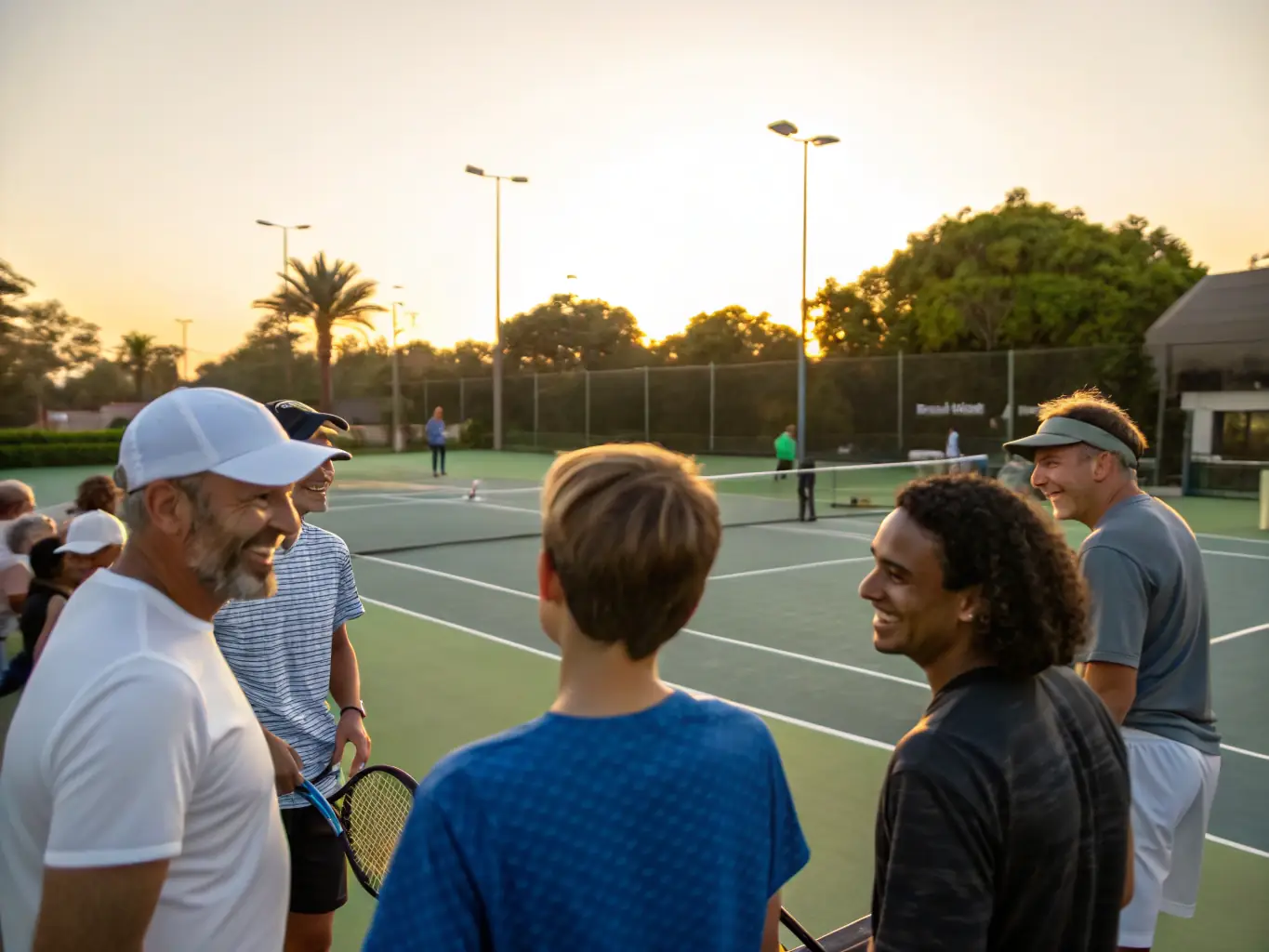 A diverse group of tennis players participating in a social tennis event, with smiles and laughter, emphasizing the community aspect of the club.