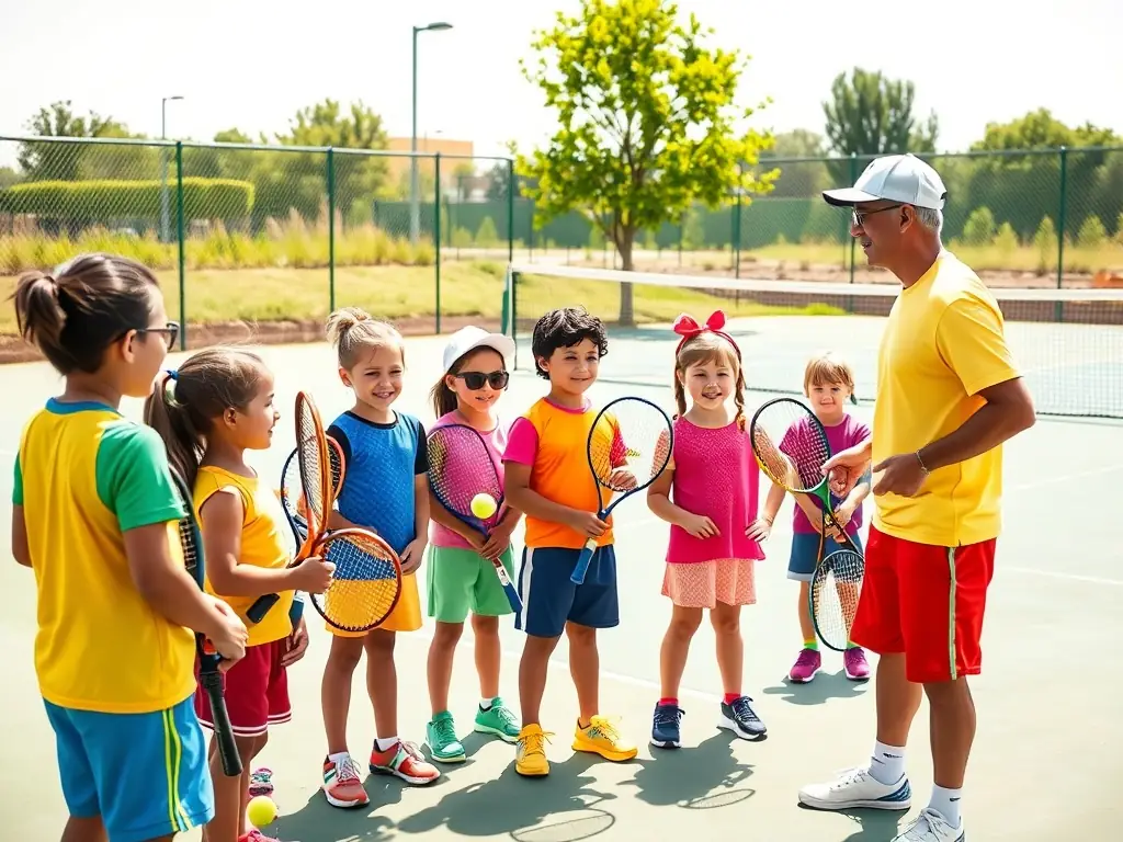 A group of young children participating in a beginner's tennis lesson on a sunny outdoor court, with a coach providing instruction.