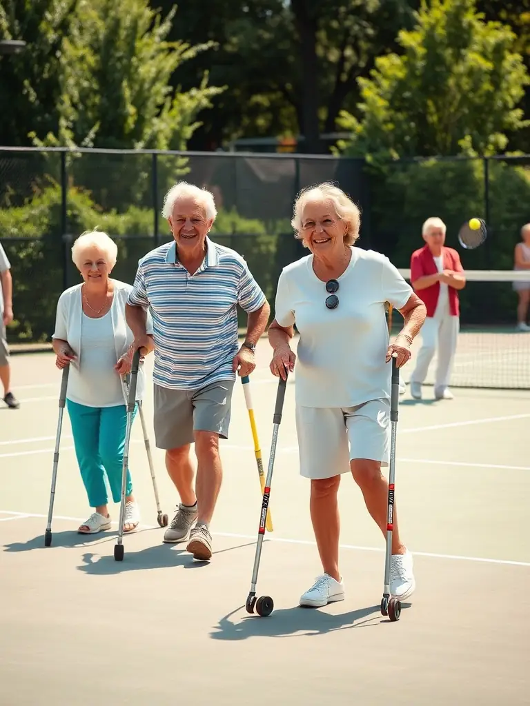 A group of seniors participating in a social tennis session, emphasizing fitness and camaraderie at TOC Tennis Océanique Couardaise.