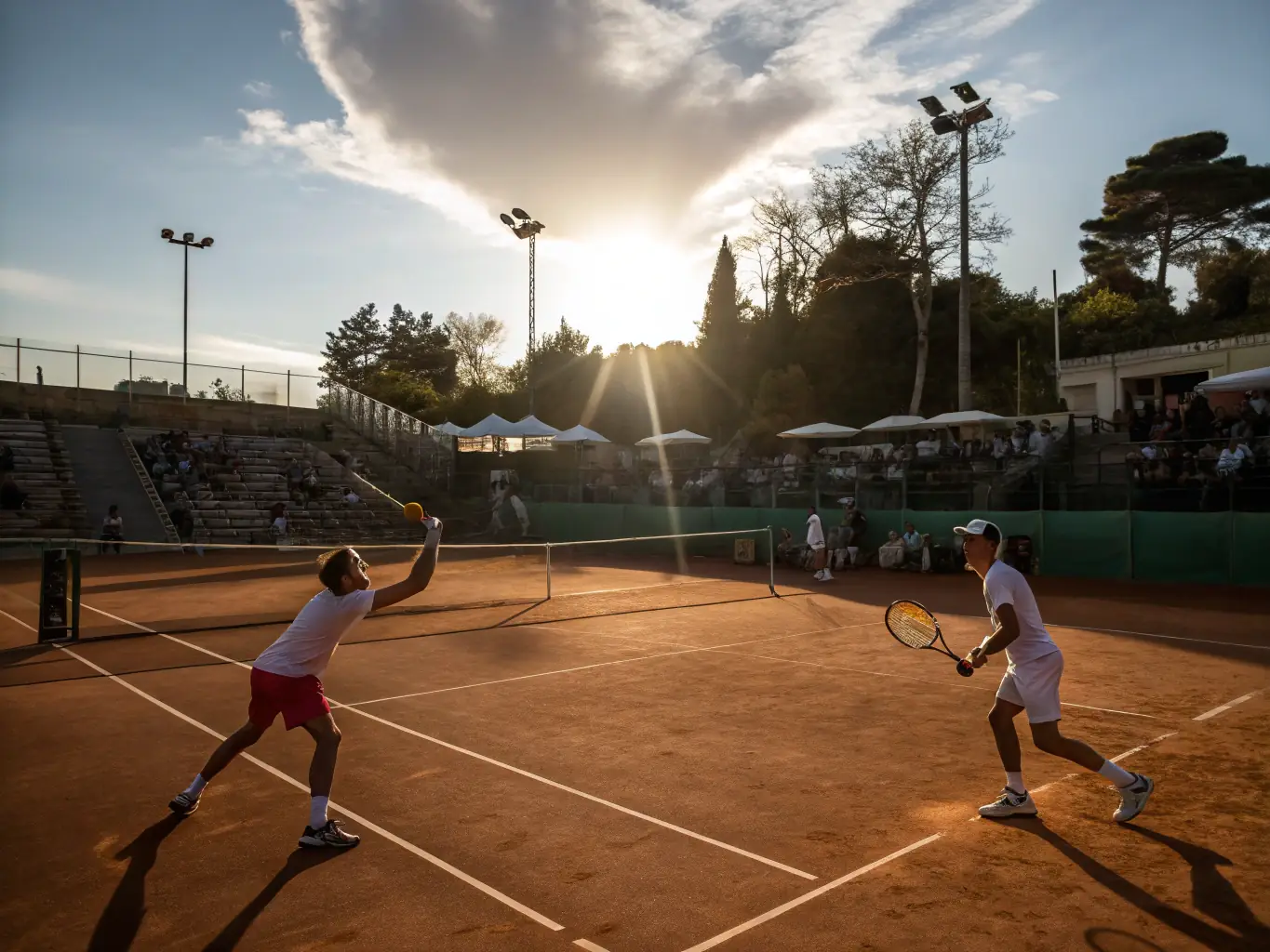 A dynamic image of adult players engaged in a competitive tennis match on a clay court, showcasing intense action and sportsmanship.